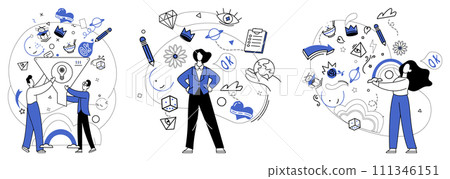 Business modeling vector illustration. Strategic modeling is roadmap leading organizations to treasure chest financial success In theater business, information is spotlight illuminating stage 111346151