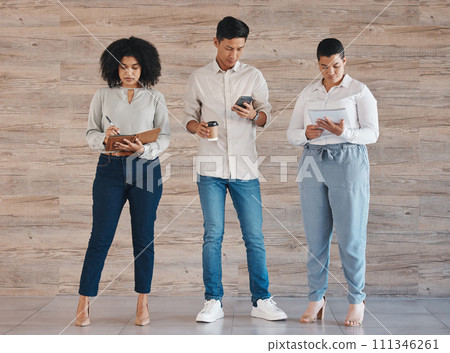 Project management planning of business people, team or creative marketing employee writing idea, brainstorming and strategy. Diversity corporate staff with notebook, phone and paperwork development 111346261
