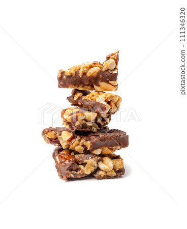 Nut Bar Isolated, Energy Snack with Nuts, Chocolate Muesli Dessert, Protein Candy Bar, Fitness Breakfast Nut Bar Isolated, Energy Snack with Nuts, Chocolate Muesli Dessert, Protein Candy Bar, Fitness Breakfast 111346320