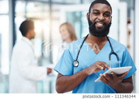 Tablet, nurse and portrait of a black man with hospital software app for medical research, email report and digital data management. Healthcare doctor or expert for Telehealth or clinic innovation Tablet, nurse and portrait of a black man with hospital software app for medical research, email report and digital data management. Healthcare doctor or expert for Telehealth or clinic innovation 111346344