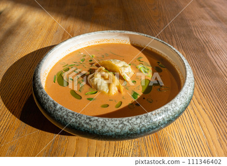 Nepalese Momo Jhol Achar Dumpling Soup, Fried Gyoza Broth, Spicy Tomato Momo Seasoned Soup 111346402