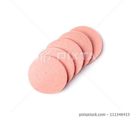 Mortadella Slice Isolated, Luncheon Meat Cut, Chicken Ham, Boiled Sausage for Breakfast Mortadella Slice Isolated, Luncheon Meat Cut, Chicken Ham, Boiled Sausage for Breakfast 111346415