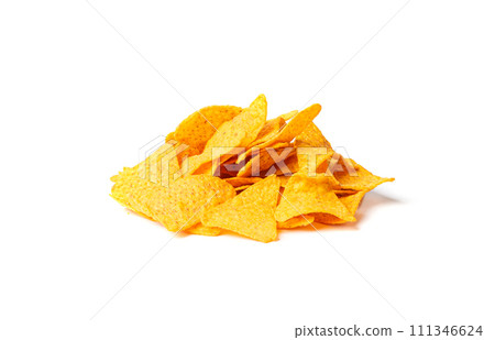 Nachos Chips Isolated, Mexican Triangle Corn Chips for Nacho Tortilla, Maize Snack, Nachos on White Background 111346624