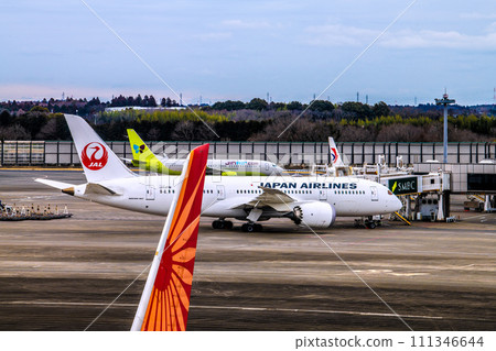 從成田機場 2 到印度航空的 B787-8、JALB787、Jin Air...等的日本千葉城市景觀。 111346644