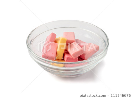 Fruit Chews Isolated, Pink Chewable Candies, Fruit Chew Candy Pile, Square Taffy, Colorful Gummy Candies 111346676