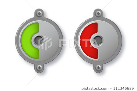 Toilet or restroom locks green and red round metal isolated on white. Occupied and Free. Regular public restroom door mechanism indicating. Vector 111346689