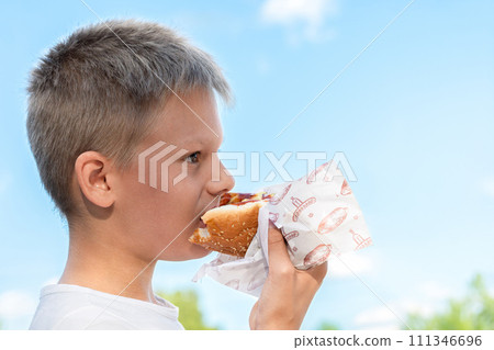 Young boy enjoying a delicious hot dog at sunny day outdoor Young boy enjoying a delicious hot dog at sunny day outdoor 111346696