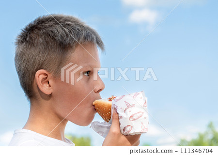 Young boy enjoying a delicious hot dog at sunny day outdoor 111346704