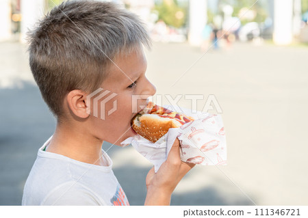 Young boy enjoying a delicious hot dog at sunny day outdoor Young boy enjoying a delicious hot dog at sunny day outdoor 111346721