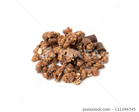 Chocolate Granola Pile Isolated, Cocoa Muesli Breakfast, Crunchy Cereals, Oatmeal Muesli Chocolate Granola Pile Isolated, Cocoa Muesli Breakfast, Crunchy Cereals, Oatmeal Muesli 111346745