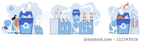 Waste disposal. Vector illustration. By embracing sustainable practices and adopting efficient technologies, we creduce our reliance on finite resources and preserve them for future generations Waste disposal. Vector illustration. By embracing sustainable practices and adopting efficient technologies, we creduce our reliance on finite resources and preserve them for future generations 111347019