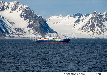 Expedition ship in Arctic sea, Svalbard. Passenger cruise vessel. Arctic and Antarctic cruise. Expedition ship in Arctic sea, Svalbard. Passenger cruise vessel. Arctic and Antarctic cruise. 111347038