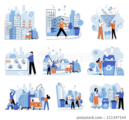 Waste disposal. Vector illustration. Waste disposal is like taking responsibility for garbage and trash we generate, ensuring they are properly managed and processed It is metaphorical 111347144