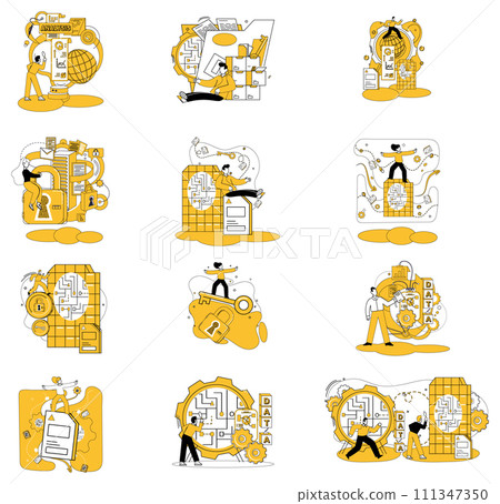 Data mining vector illustration. Production insights flourishes in fertile soil carefully processed data and innovative algorithms Analysis is compass guiding seeker through intricate maze data mining 111347350