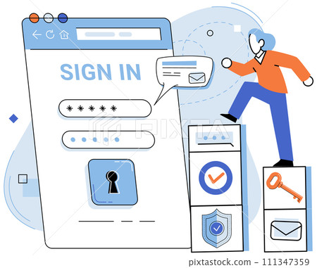 Login password vector illustration. To register, users must complete online registration form with accurate information The login password metaphor emphasizes importance safeguarding personal Login password vector illustration. To register, users must complete online registration form with accurate information The login password metaphor emphasizes importance safeguarding personal 111347359