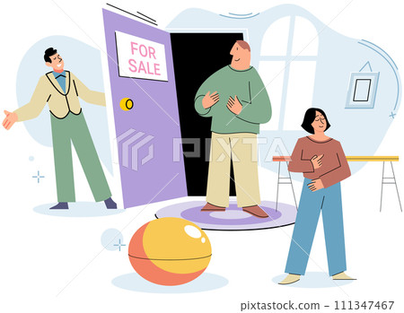 Real estate search. Vector illustration Buyers were excited to buy new home met their criteria Renting and investing in house allowed individuals to diversify their investment portfolio The mortgage Real estate search. Vector illustration Buyers were excited to buy new home met their criteria Renting and investing in house allowed individuals to diversify their investment portfolio The mortgage 111347467