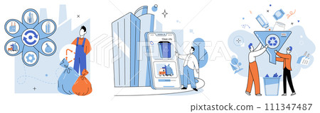 Waste disposal. Vector illustration. Reusing items not only reduces waste but also conserves resources and reduces overall environmental footprint The management hazardous waste is crucial for safety Waste disposal. Vector illustration. Reusing items not only reduces waste but also conserves resources and reduces overall environmental footprint The management hazardous waste is crucial for safety 111347487