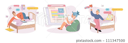 Child with tablet. Vector illustration. The use tablets in education facilitates childrens engagement and participation Online studying allows students to have access to wealth information Child with tablet. Vector illustration. The use tablets in education facilitates childrens engagement and participation Online studying allows students to have access to wealth information 111347500