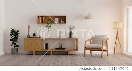3D rendering minimal style living room with chair, wooden brown cabinet wooden, lamp on wood floor white wall 111347641