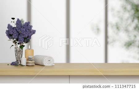 flower, spa towel, and candle on table top with blurred on wooden table over blurred window background. 3d render flower, spa towel, and candle on table top with blurred on wooden table over blurred window background. 3d render 111347715