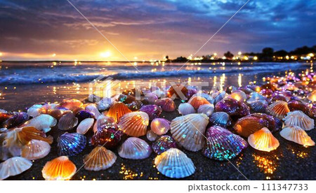 日落時的海灘和貝殼 111347733