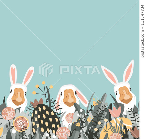 Cute geese wearing Easter bunny ears looking out of the grass. Easter eggs hunting card. Funny Easter bunny background. Spring vector Template Cute geese wearing Easter bunny ears looking out of the grass. Easter eggs hunting card. Funny Easter bunny background. Spring vector Template 111347734