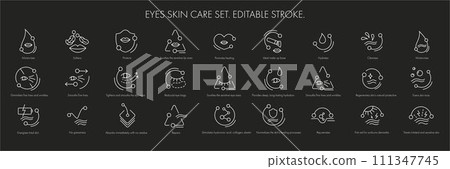 Beauty skin care icon pack set for patch, cream, mask cosmetic and beauty product, medical clinic, web, packaging. Vector stock illustration isolated on black background. Editable stroke.EPS10 Beauty skin care icon pack set for patch, cream, mask cosmetic and beauty product, medical clinic, web, packaging. Vector stock illustration isolated on black background. Editable stroke.EPS10 111347745