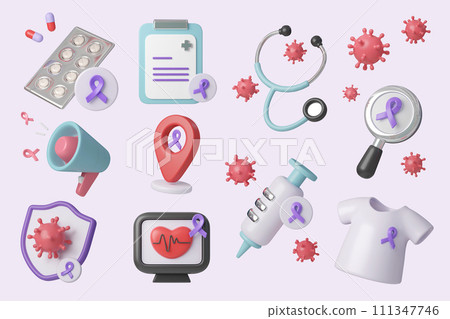 Cancer 3D symbol icon set. World Cancer Day concept, Raise awareness, prevention, detection, treatment. Icon design 3d illustration 111347746