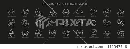Eye skin care area icon pack set for patch, cream, mask cosmetic and beauty product, ophthalmology clinic, web, packaging. Vector stock illustration isolated on black background. Editable stroke.EPS10 Eye skin care area icon pack set for patch, cream, mask cosmetic and beauty product, ophthalmology clinic, web, packaging. Vector stock illustration isolated on black background. Editable stroke.EPS10 111347748