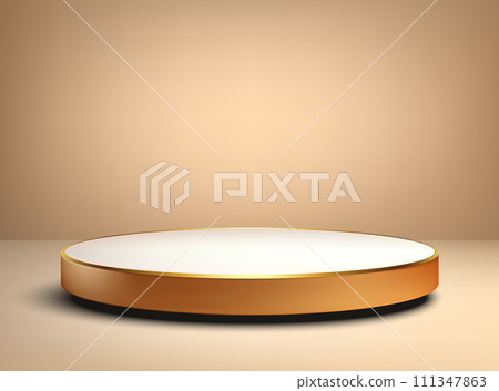 Golden empty round podium. Golden round podium, advertising and promotion of goods. Golden empty round podium. Golden round podium, advertising and promotion of goods. 111347863