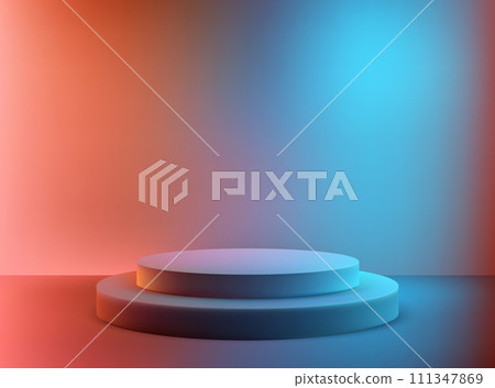 Multi-colored background, empty round podium. Background for product promotion and demonstration. Multi-colored background, empty round podium. Background for product promotion and demonstration. 111347869