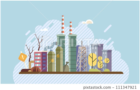 Industrial pollution. Dirty waste. Environmental pollution. Vector illustration. Industrial pollution is no longer problem we cignore Dirty water in our oceans is killing marine life Smokes with smog Industrial pollution. Dirty waste. Environmental pollution. Vector illustration. Industrial pollution is no longer problem we cignore Dirty water in our oceans is killing marine life Smokes with smog 111347921