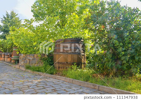 Old wine press and rustic wine barrel.. Wine background in Europe. Czech Republic, South Moravia Old wine press and rustic wine barrel.. Wine background in Europe. Czech Republic, South Moravia 111347938