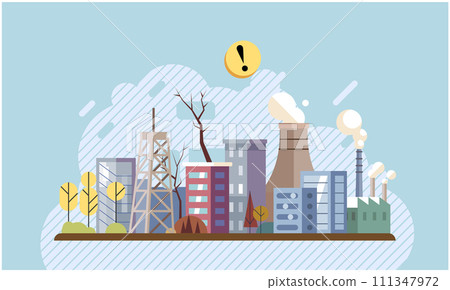 Industrial pollution. Dirty waste. Environmental pollution. Vector illustration. Industrial pollution is result increased production demands Dirty water is affecting aquatic life Smokes with smog Industrial pollution. Dirty waste. Environmental pollution. Vector illustration. Industrial pollution is result increased production demands Dirty water is affecting aquatic life Smokes with smog 111347972