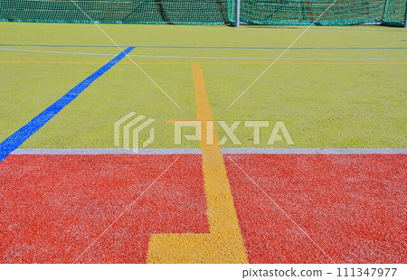 Lines and goal with net on playing field. Copy space. Sport texture and background Lines and goal with net on playing field. Copy space. Sport texture and background 111347977