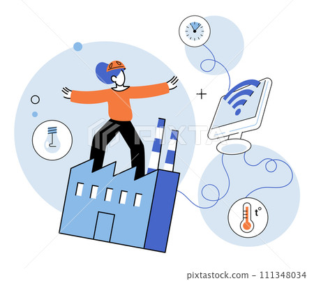 Industry iot vector illustration. The internet things weaves web connectivity, stitching together fabric industry Computer networks, embracing automation, construct digital architecture future 111348034