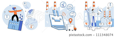 Industry iot vector illustration. The internet things is silent architect, constructing framework smart industry Computer networks, entwined with automation, shape contours industry IoT concept 111348074