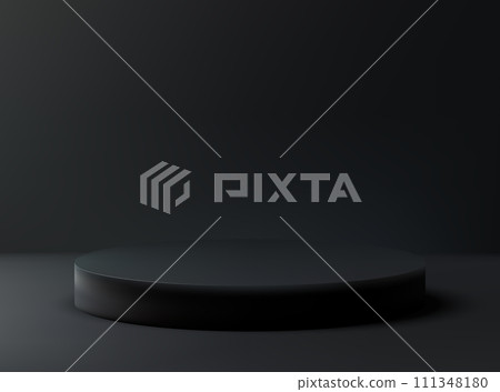 3D realistic vector black round mockup. Black podium, real view with round shadow pedestal on abstract dark background 111348180