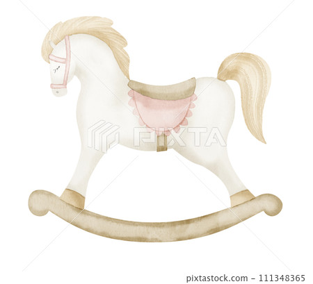 Rocking Horse baby Toy. Hand drawn watercolor illustration of Riding pony for little girl. Funny animal for kid game in vintage style. Retro drawing on isolated background for children holiday. 111348365