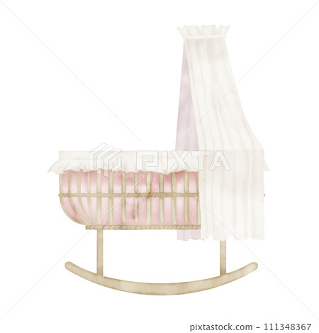 Watercolor Baby Cradle. Hand drawn illustration of Crib for Child on isolated background. Cot in cute pastel pink and beige colors. Bed for girl. Sketch for newborn party in retro boho style. 111348367