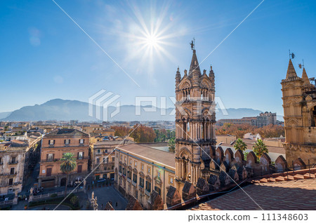 Palermo cathedral in Sicily Italy overlooking the city's picturesque landscape Palermo cathedral in Sicily Italy overlooking the city's picturesque landscape 111348603