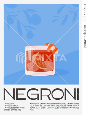 Negroni Cocktail in old fashioned glass with ice. Summer Italian aperitif retro poster. Elegant print, wall art with alcoholic beverage decorated with orange peel and citrus tree on background. Vector Negroni Cocktail in old fashioned glass with ice. Summer Italian aperitif retro poster. Elegant print, wall art with alcoholic beverage decorated with orange peel and citrus tree on background. Vector 111348604