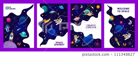 Cartoon alien and astronauts, spaceship and rockets in starry galaxy space, vector posters. Kid spaceman with UFO saucer in spaceflight to galaxy planets and stars for space adventure in galactic sky 111348627