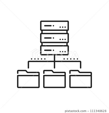 Network server service, database cloud storage line icon. Data backup service, traffic automation server or SQL database center line vector sign. Cloud computing and storage outline icon or pictogram 111348628