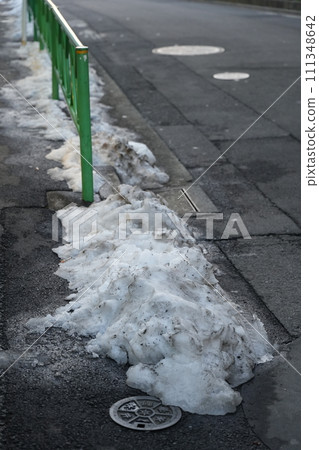 日本，冬天，雪，戶外，大雪，殘雪，輪胎痕跡，市中心，東京，降雪，傍晚，道路，路肩，融雪，鏟雪， 111348642