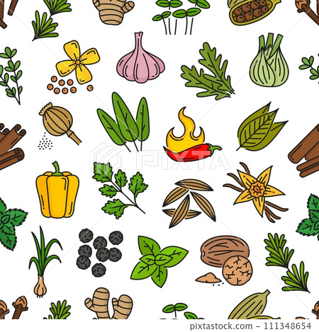 Spice, herbs and seasonings seamless pattern. Wrapping paper print, wallpaper or textile vector pattern. Fabric backdrop with garlic, chili pepper, nutmeg and poppy seed, vanilla flower, sage leaf 111348654