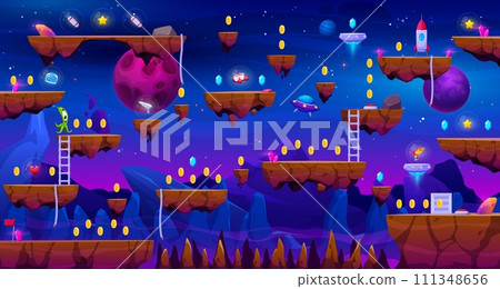 Arcade galaxy space planet game level map interface with UFO and golden coins, vector platforms. Bonuses and traps on stone rocks with gems, rockets and alien monster or laser gun for kids arcade game Arcade galaxy space planet game level map interface with UFO and golden coins, vector platforms. Bonuses and traps on stone rocks with gems, rockets and alien monster or laser gun for kids arcade game 111348656