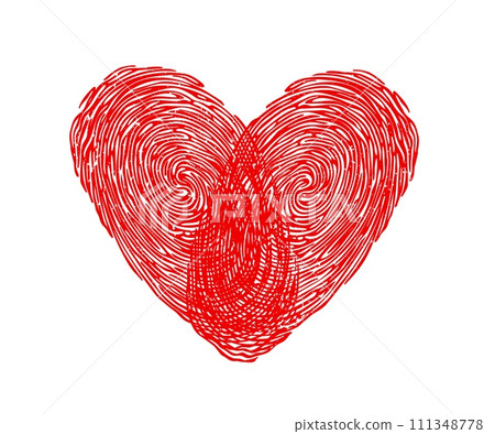 Fingerprint heart for love, wedding and Valentine, finger print or thumbprint, vector icon. Romance love, marriage and RSVP greeting or invitation card, red heart of fingerprint with doodle line art 111348778