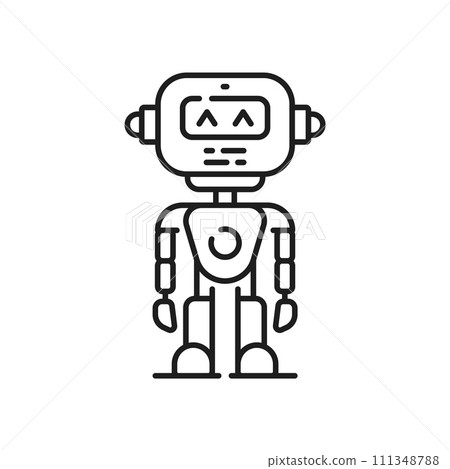 Cartoon robot line icon, robotic android character or cyborg bot, outline vector. Funny retro robot with mechanical arms and face display, space alien robotic machine or AI cyber technology android Cartoon robot line icon, robotic android character or cyborg bot, outline vector. Funny retro robot with mechanical arms and face display, space alien robotic machine or AI cyber technology android 111348788