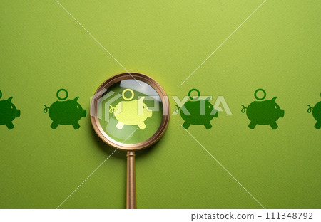 Magnifying glass and savings. The best way to save money. Deposits and investments. Attention to detail and precision in financial decision making. Exploring diverse options for deposits 111348792